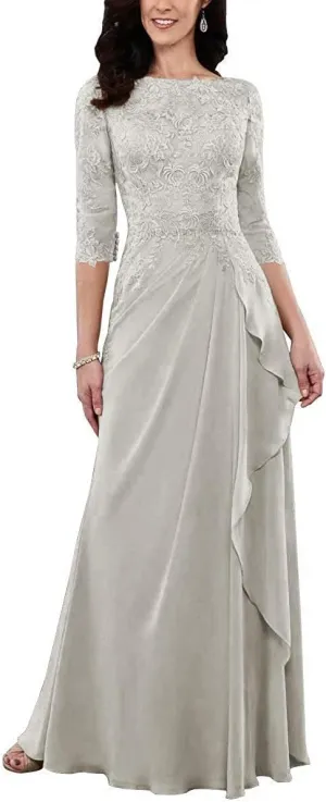 Mother of The Bride Dresses Long Evening Formal Dress 3/4 Sleeve Lace Applique Ruffles