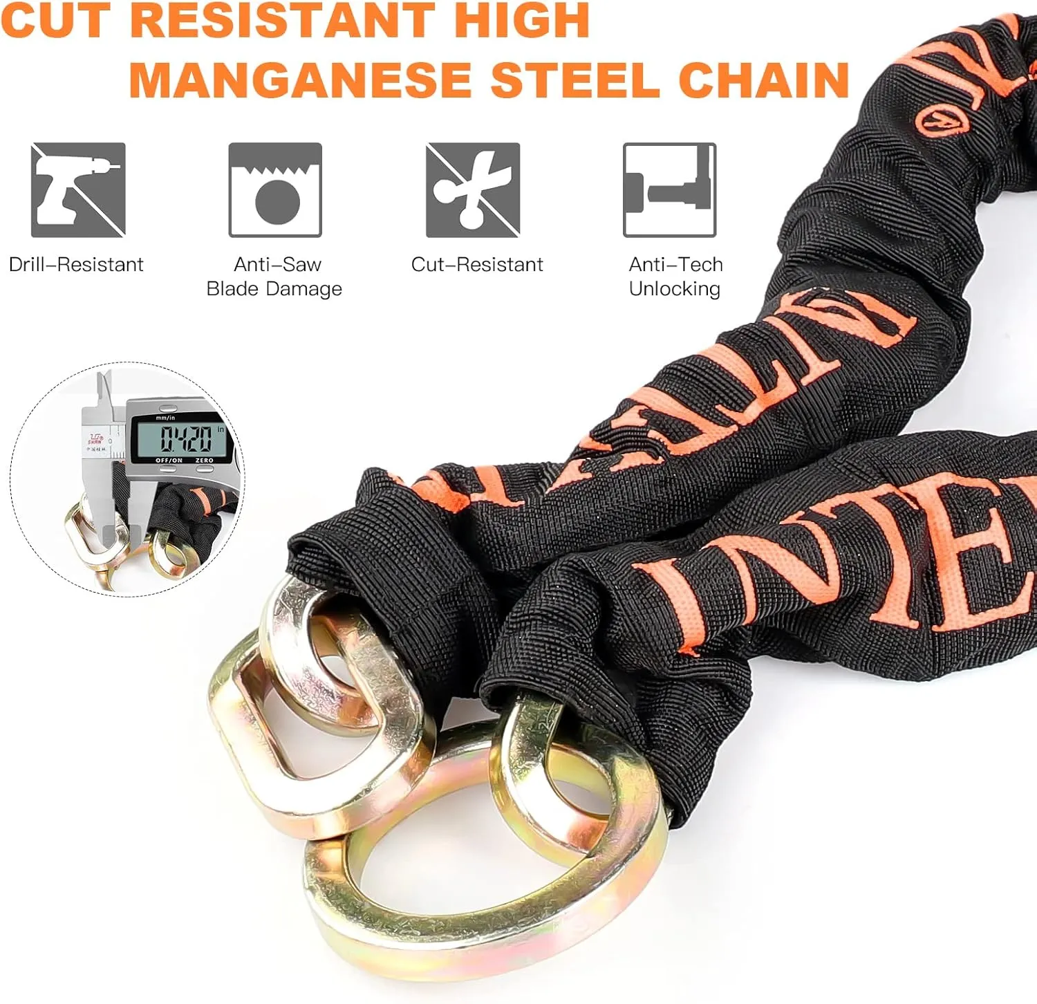 Motorcycle Chain Locks 3.1FT Motorcycle Lock 10mm/0.42inch Thick Bike Chain Lock Heavy Duty Chain Lock with 16mm/0.64inch Disc Lock for Motorcycles, Scooters, Gates and More, Orange