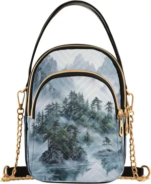 Mountain Pine Tree Lake Multi Pockets Crossbody Bags for Women Zip Cell Phone Purse Wallet Bag with Detachable Shoulder Strap Shoulder Purse for Shopping Traveling Working Women Girls Trendy Gift