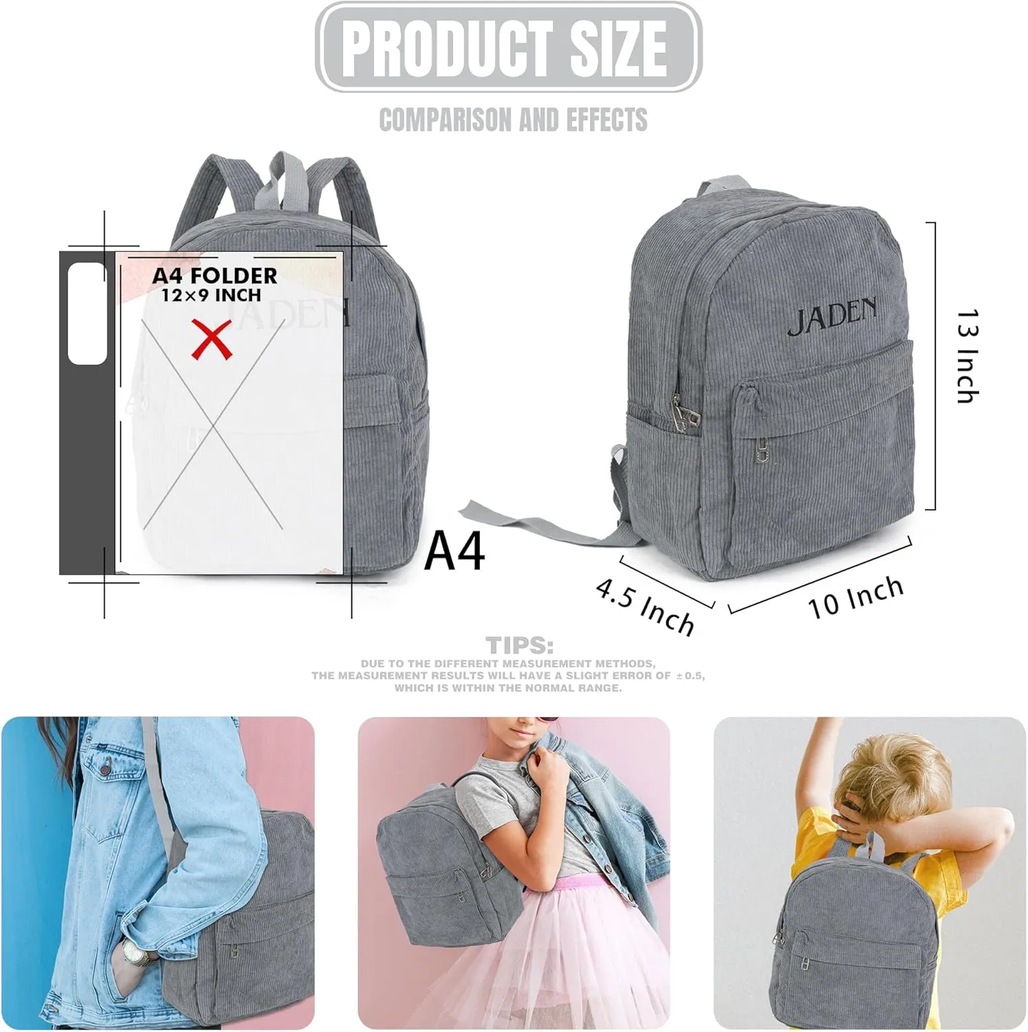 MT WORLD Corduroy Backpack,Personalized Toddler Backpack,Personalized Backpack for Boys,Monogrammed Gray Corduroy Mini Backpack,Customized Kids Backpack with Name,Embroidered Backpack for Child