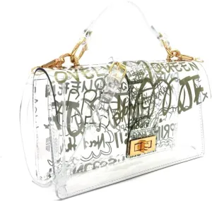 Multicolor Snake Print Pouch Clear Chain 2 Way Shoulder Bag Crossbody Stadium (1Medium Top-Handle Clear Satchel - Gold Graffiti)