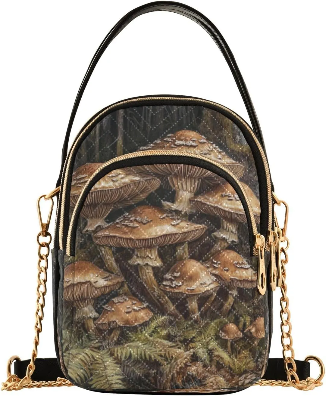 Mushroom Fern Dark Brown Multi Pockets Crossbody Bags for Women Zip Cell Phone Purse Wallet Bag with Detachable Shoulder Strap Cross Body Handbag for Women Girls Trendy Gift Traveling Shopping