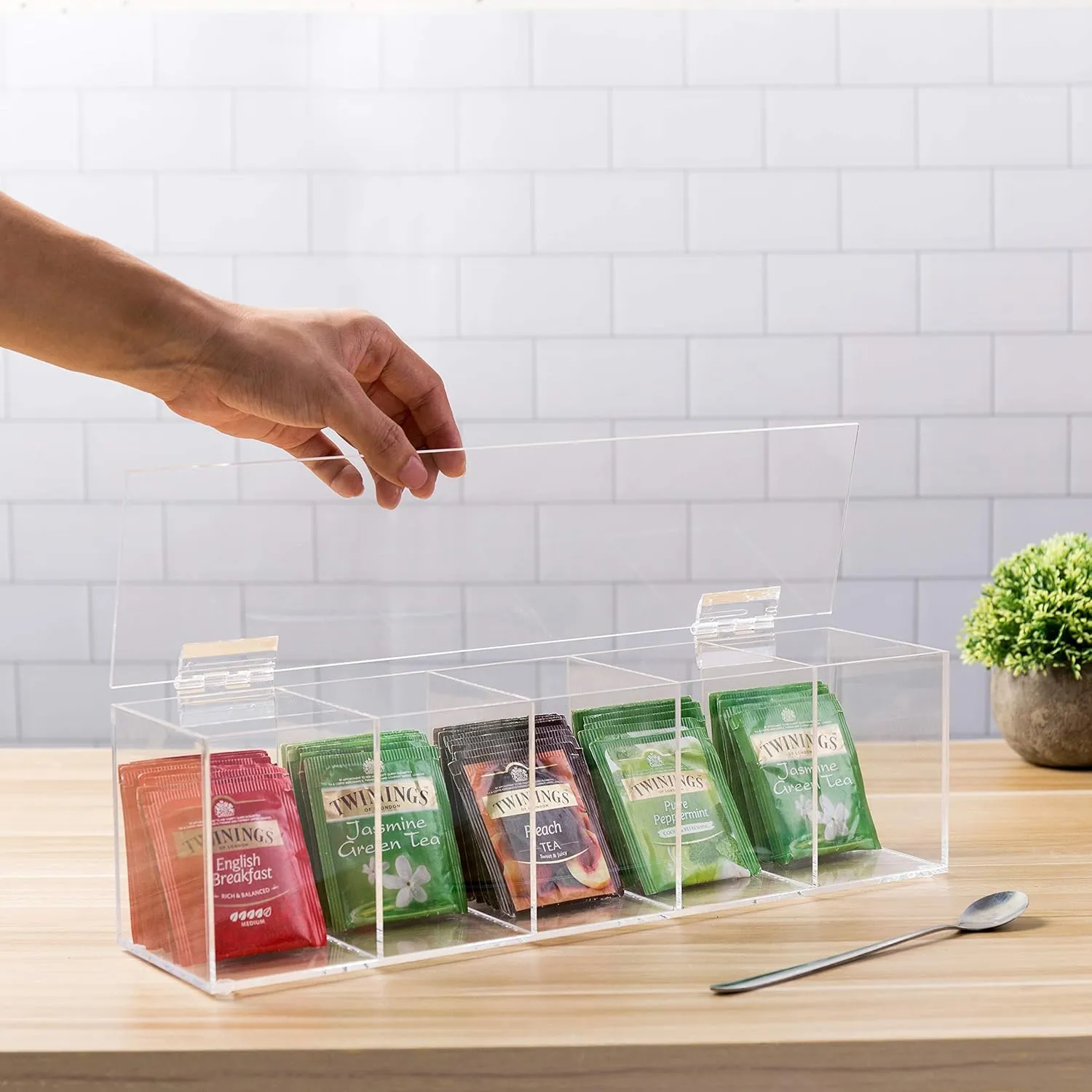 MyGift Modern Clear Premium Acrylic Tea Bag Organizer Box with 5 Compartments and Hinged Lid, Kitchen Countertop Storage Caddy for Assorted Teas and Condiments