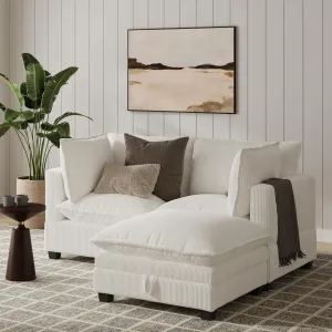 Nathan James Chelsea Modern Cloud Sofa with Ottoman, 2-Seater Sofa Loveseat and Ottoman Set with Corduroy Upholstery and Deep Seat Cushions, Pearl White