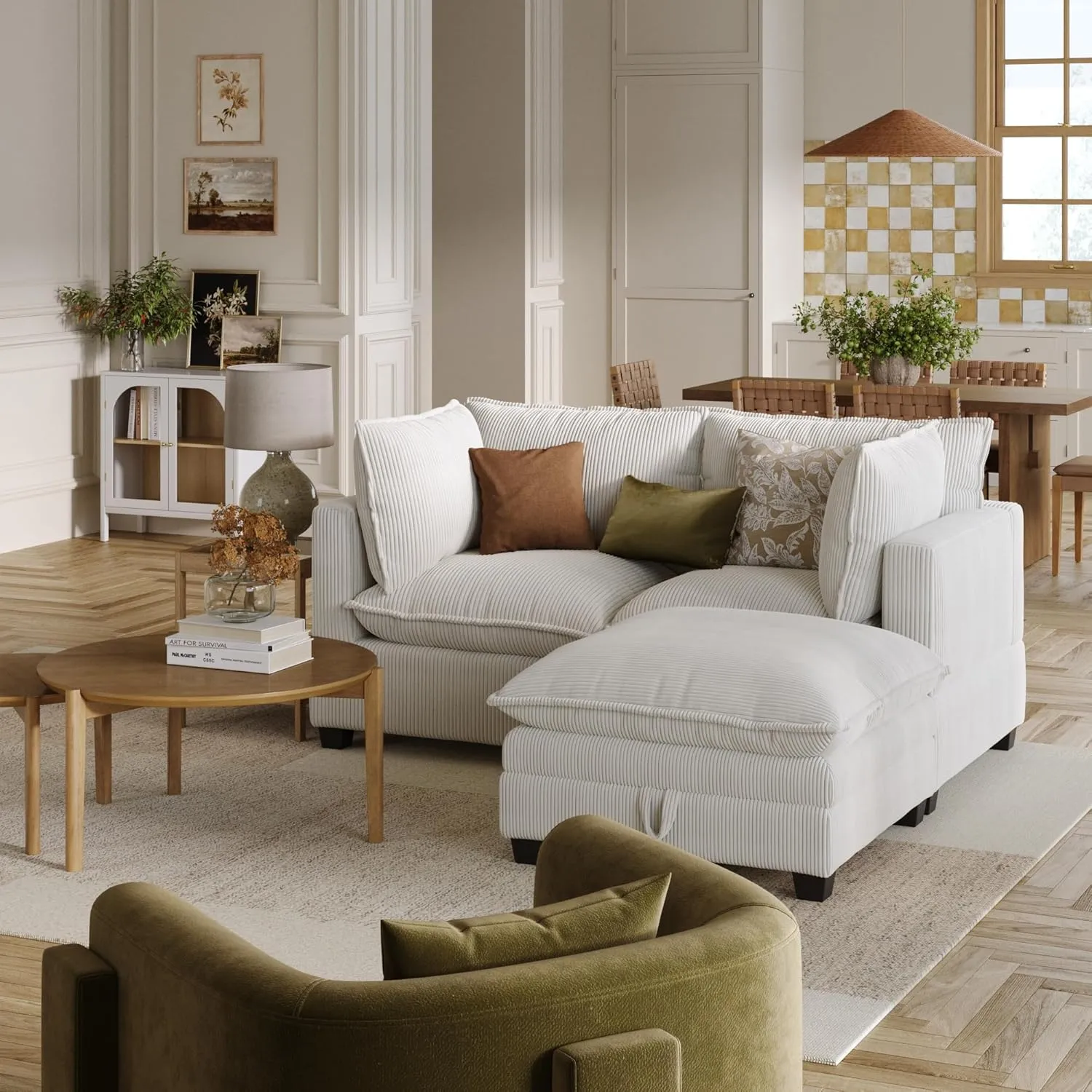 Nathan James Chelsea Modern Cloud Sofa with Ottoman, 2-Seater Sofa Loveseat and Ottoman Set with Corduroy Upholstery and Deep Seat Cushions, Pearl White