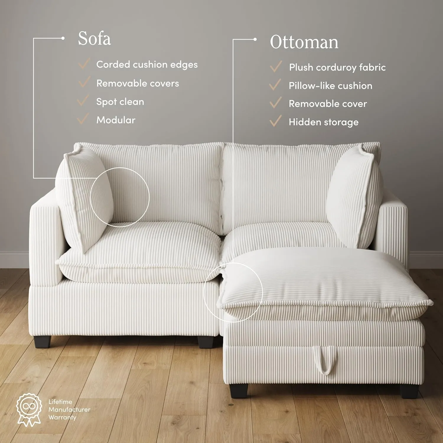 Nathan James Chelsea Modern Cloud Sofa with Ottoman, 2-Seater Sofa Loveseat and Ottoman Set with Corduroy Upholstery and Deep Seat Cushions, Pearl White