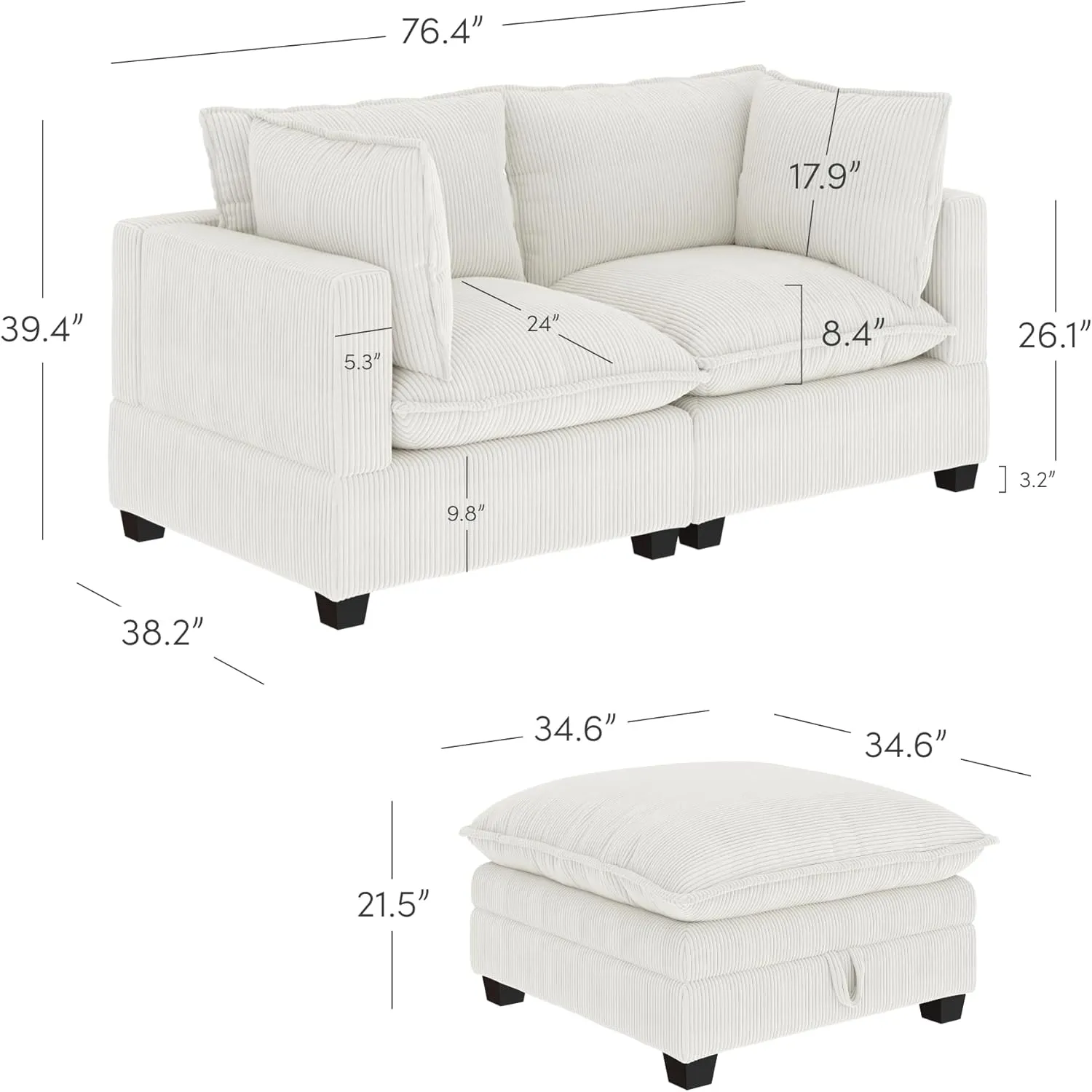 Nathan James Chelsea Modern Cloud Sofa with Ottoman, 2-Seater Sofa Loveseat and Ottoman Set with Corduroy Upholstery and Deep Seat Cushions, Pearl White