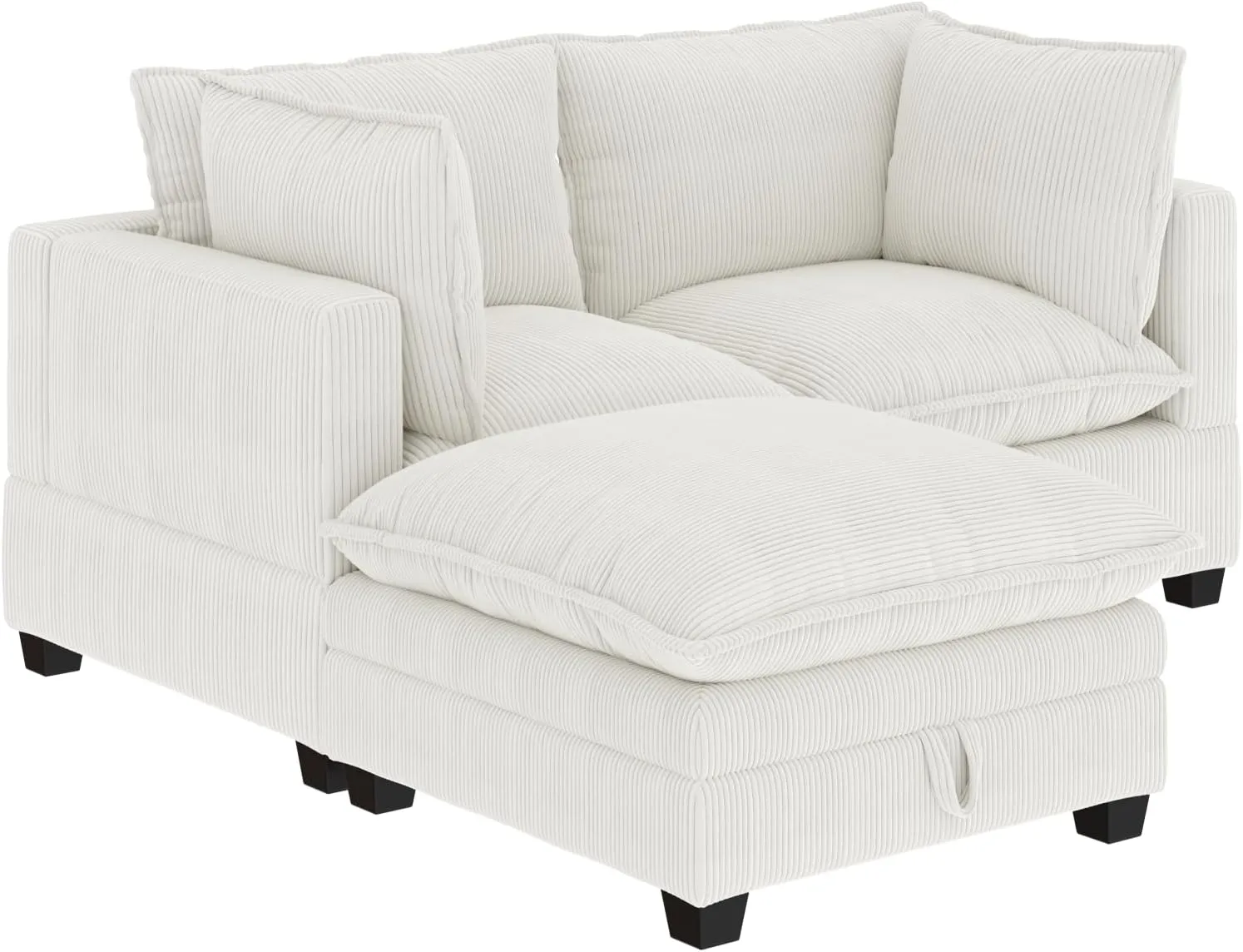 Nathan James Chelsea Modern Cloud Sofa with Ottoman, 2-Seater Sofa Loveseat and Ottoman Set with Corduroy Upholstery and Deep Seat Cushions, Pearl White