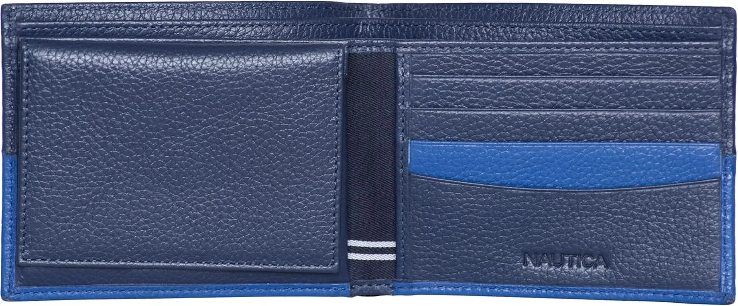 Nautica Men's Bifold Leather Wallet | RFID Blocking | ID Window | Card Slots | Organization | Durable | Stylish