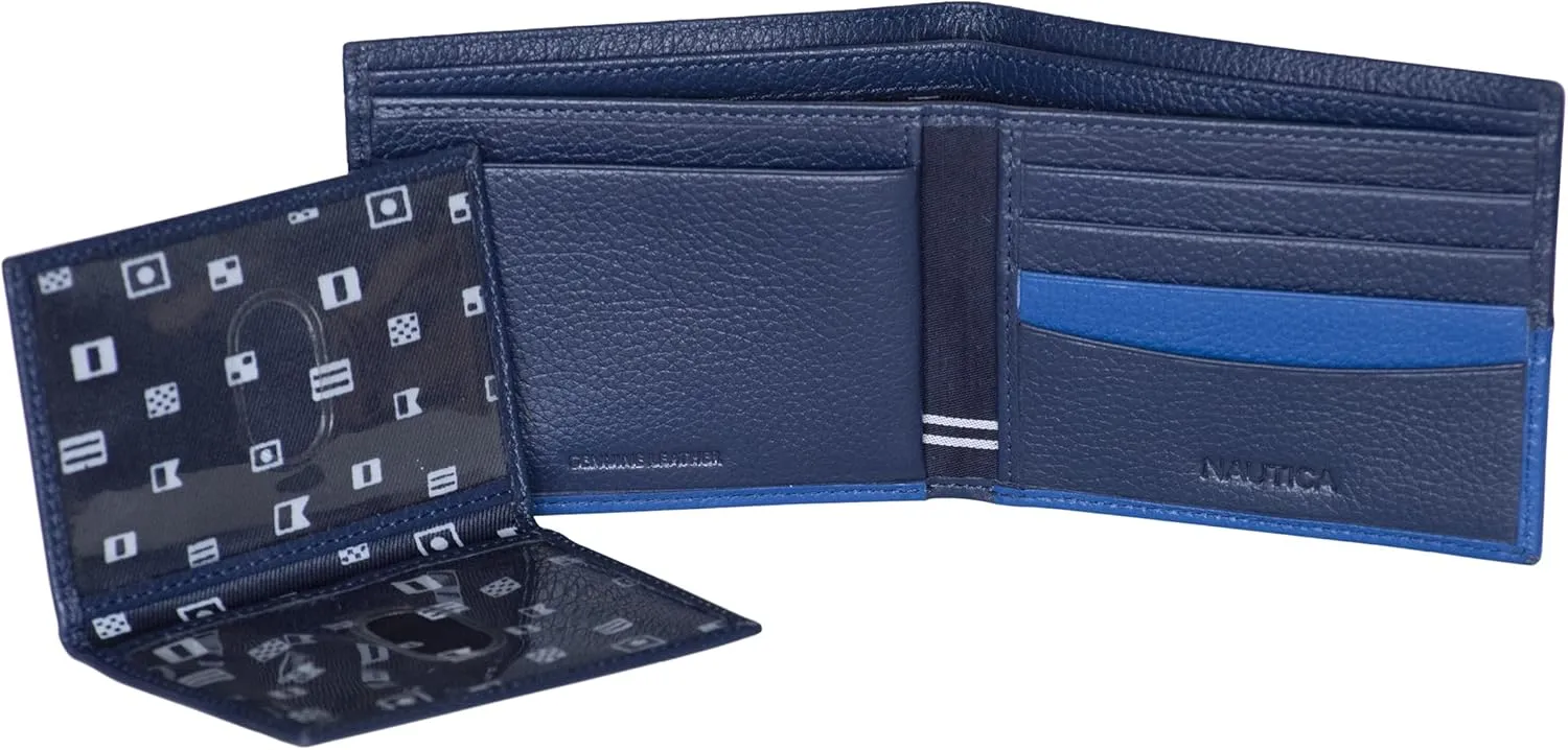 Nautica Men's Bifold Leather Wallet | RFID Blocking | ID Window | Card Slots | Organization | Durable | Stylish