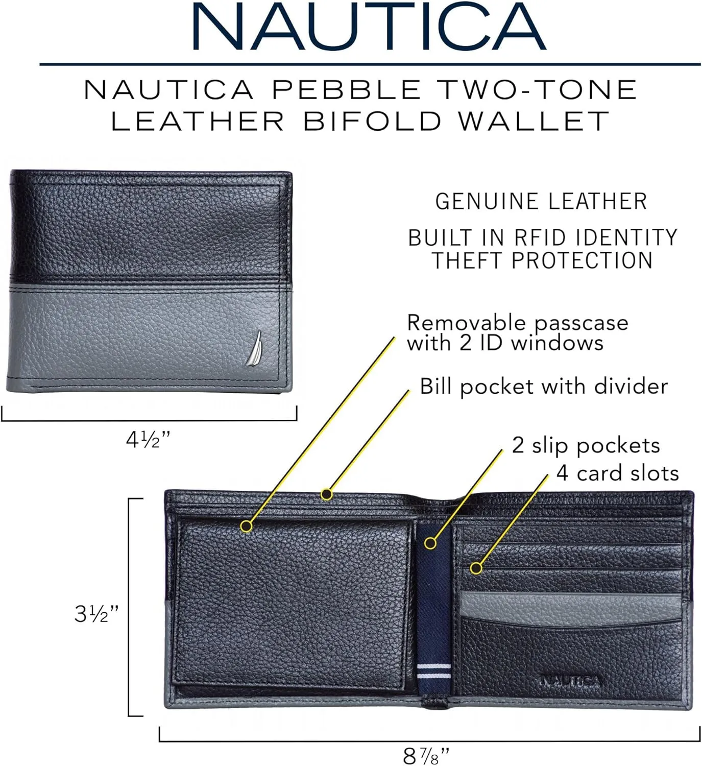 Nautica Men's Bifold Leather Wallet | RFID Blocking | ID Window | Card Slots | Organization | Durable | Stylish