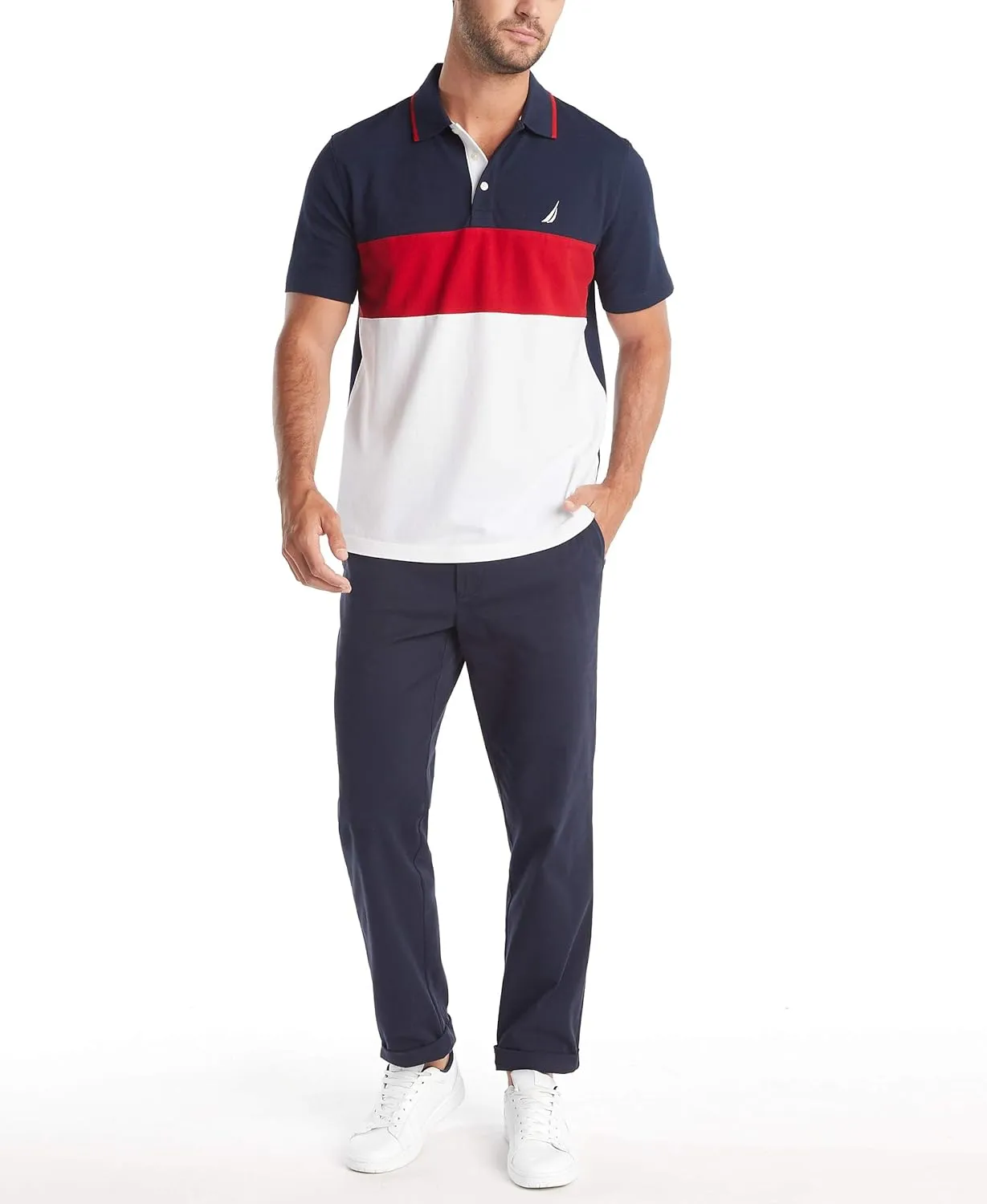 Nautica Men's Short Sleeve 100% Cotton Pique Color Block Polo Shirt