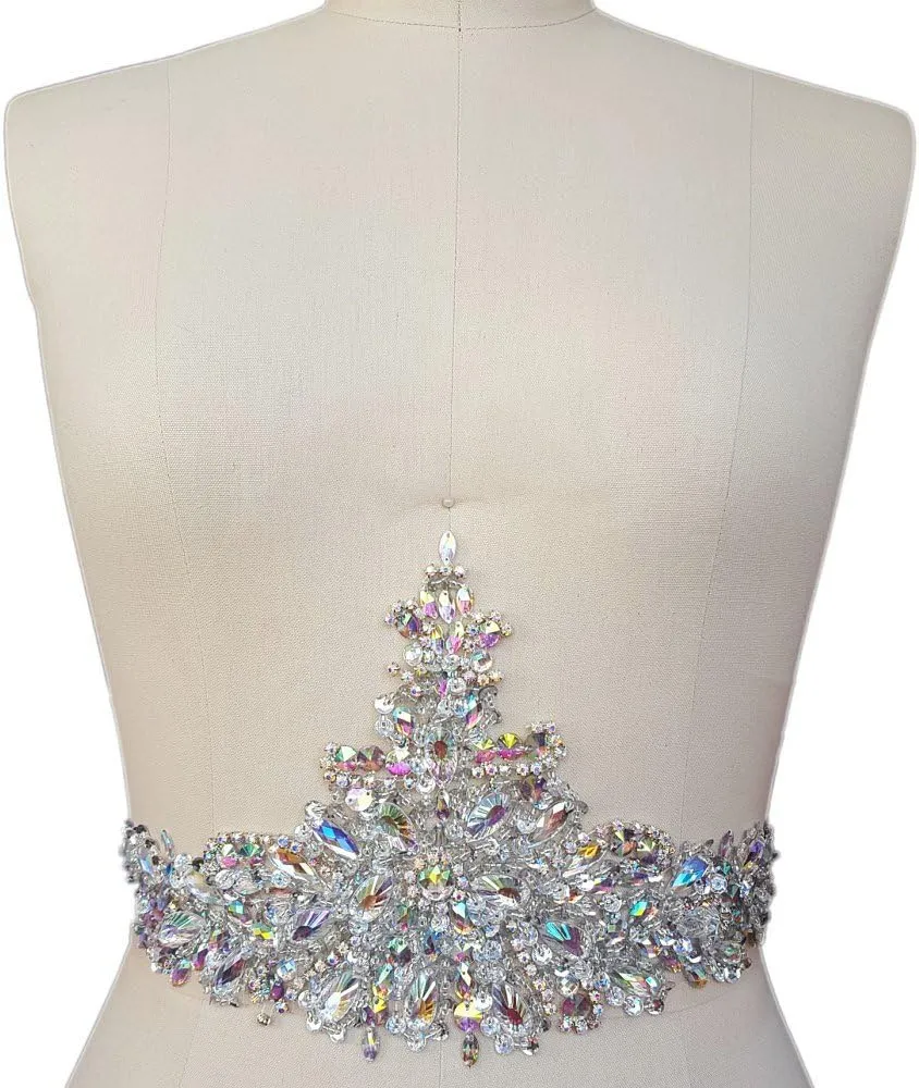 New Exquisite Pure Handmade AB Colour Bright Crystal Patches Sew-on Rhinestones Applique with Stones Sequins Beads for Wedding Dress DIY Manual Accessories Belt Waist Decoration 18x38cm (AB)