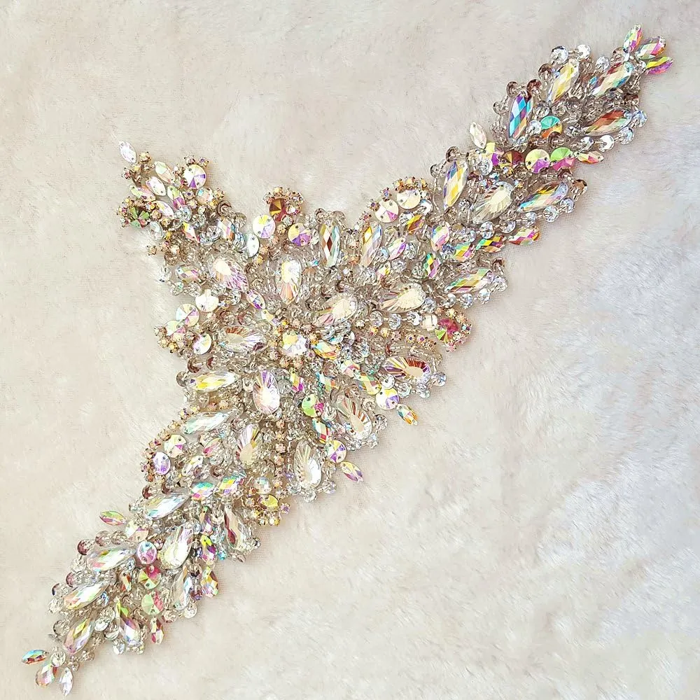 New Exquisite Pure Handmade AB Colour Bright Crystal Patches Sew-on Rhinestones Applique with Stones Sequins Beads for Wedding Dress DIY Manual Accessories Belt Waist Decoration 18x38cm (AB)