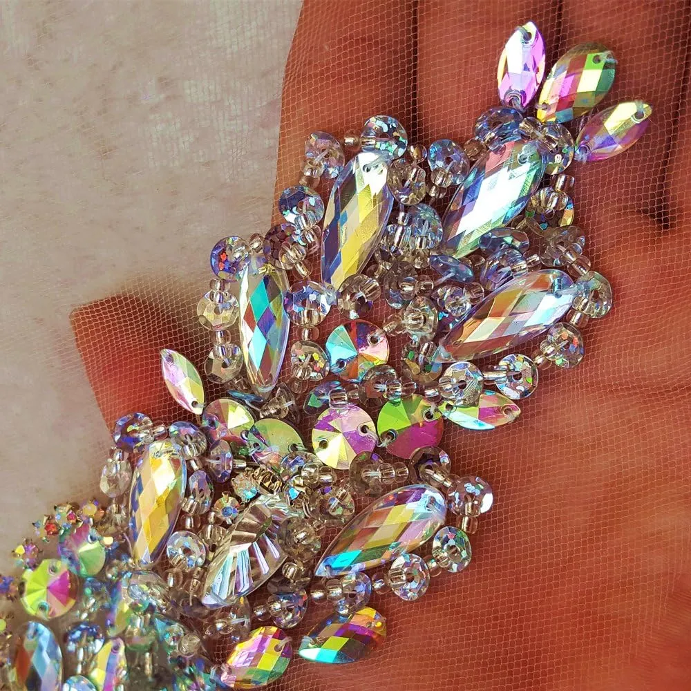 New Exquisite Pure Handmade AB Colour Bright Crystal Patches Sew-on Rhinestones Applique with Stones Sequins Beads for Wedding Dress DIY Manual Accessories Belt Waist Decoration 18x38cm (AB)