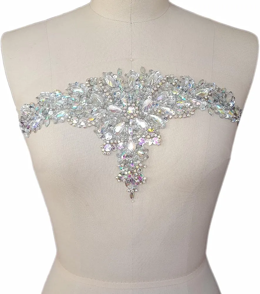 New Exquisite Pure Handmade AB Colour Bright Crystal Patches Sew-on Rhinestones Applique with Stones Sequins Beads for Wedding Dress DIY Manual Accessories Belt Waist Decoration 18x38cm (AB)