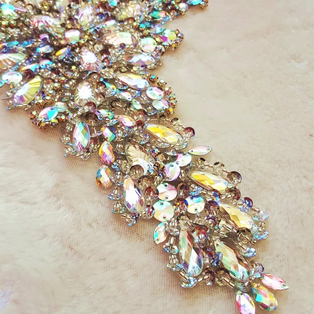 New Exquisite Pure Handmade AB Colour Bright Crystal Patches Sew-on Rhinestones Applique with Stones Sequins Beads for Wedding Dress DIY Manual Accessories Belt Waist Decoration 18x38cm (AB)