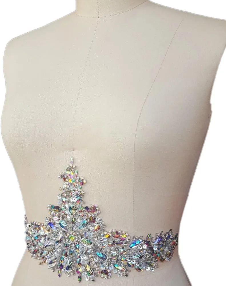 New Exquisite Pure Handmade AB Colour Bright Crystal Patches Sew-on Rhinestones Applique with Stones Sequins Beads for Wedding Dress DIY Manual Accessories Belt Waist Decoration 18x38cm (AB)