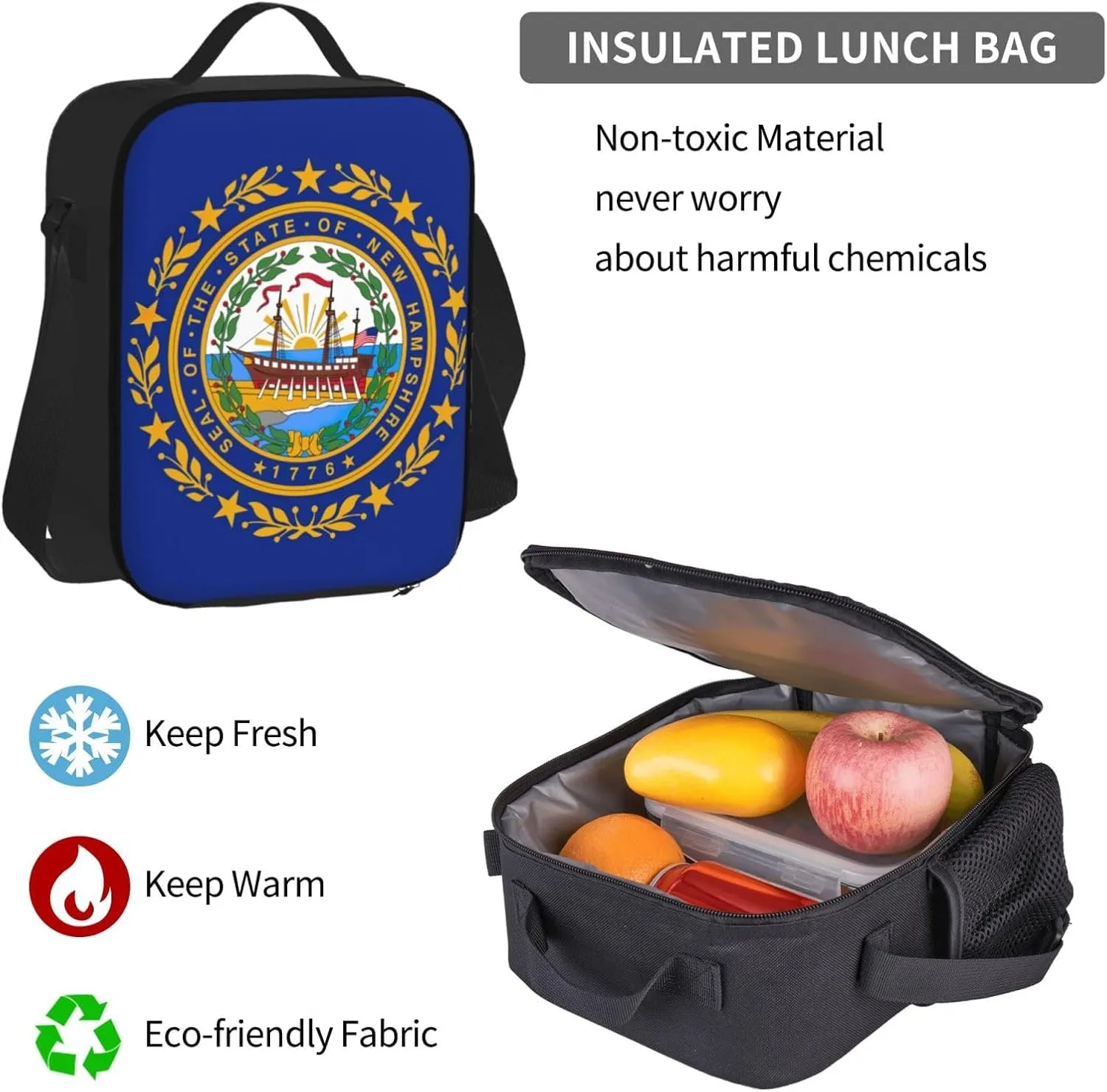 New Hampshire State Flag Large Capacity Backpack Lunch Bag Pencil Case Combination 3 Pieces Sets Durable Bookbags