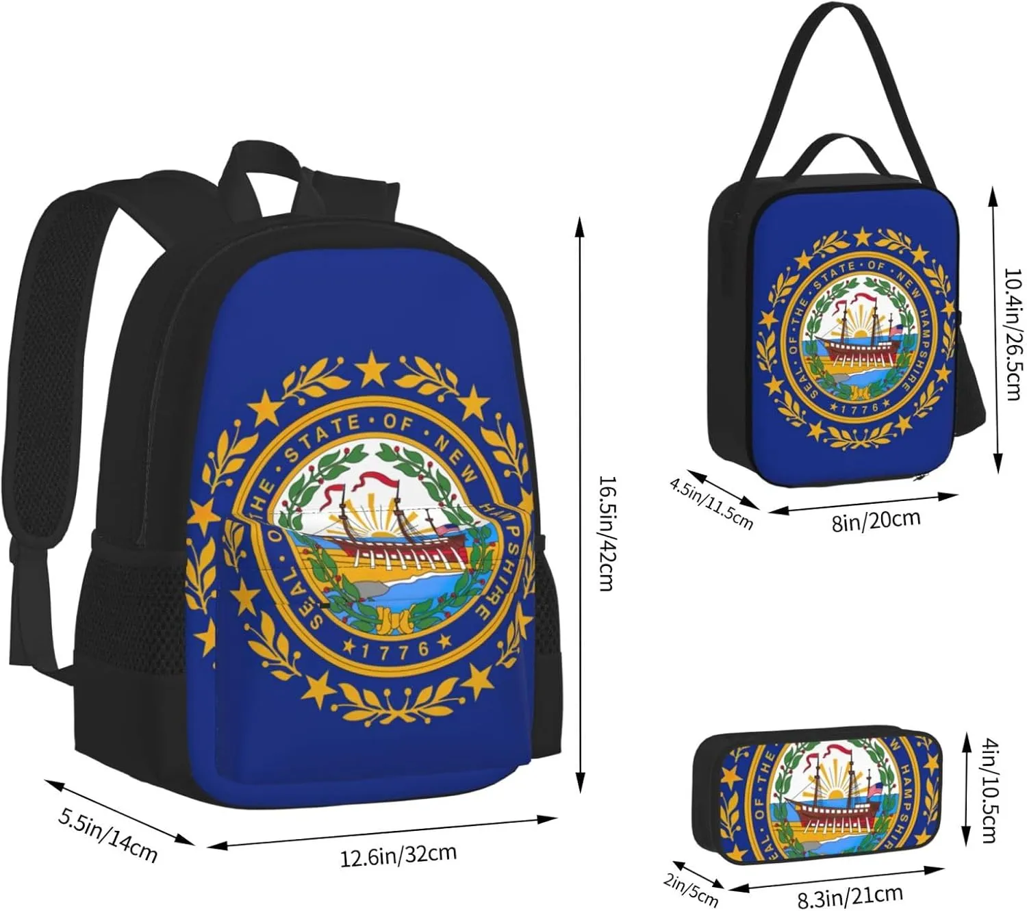 New Hampshire State Flag Large Capacity Backpack Lunch Bag Pencil Case Combination 3 Pieces Sets Durable Bookbags