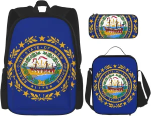 New Hampshire State Flag Large Capacity Backpack Lunch Bag Pencil Case Combination 3 Pieces Sets Durable Bookbags