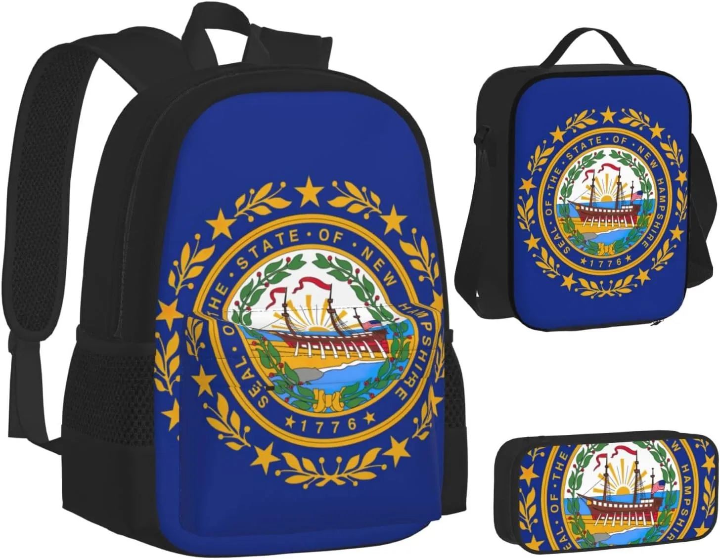 New Hampshire State Flag Large Capacity Backpack Lunch Bag Pencil Case Combination 3 Pieces Sets Durable Bookbags