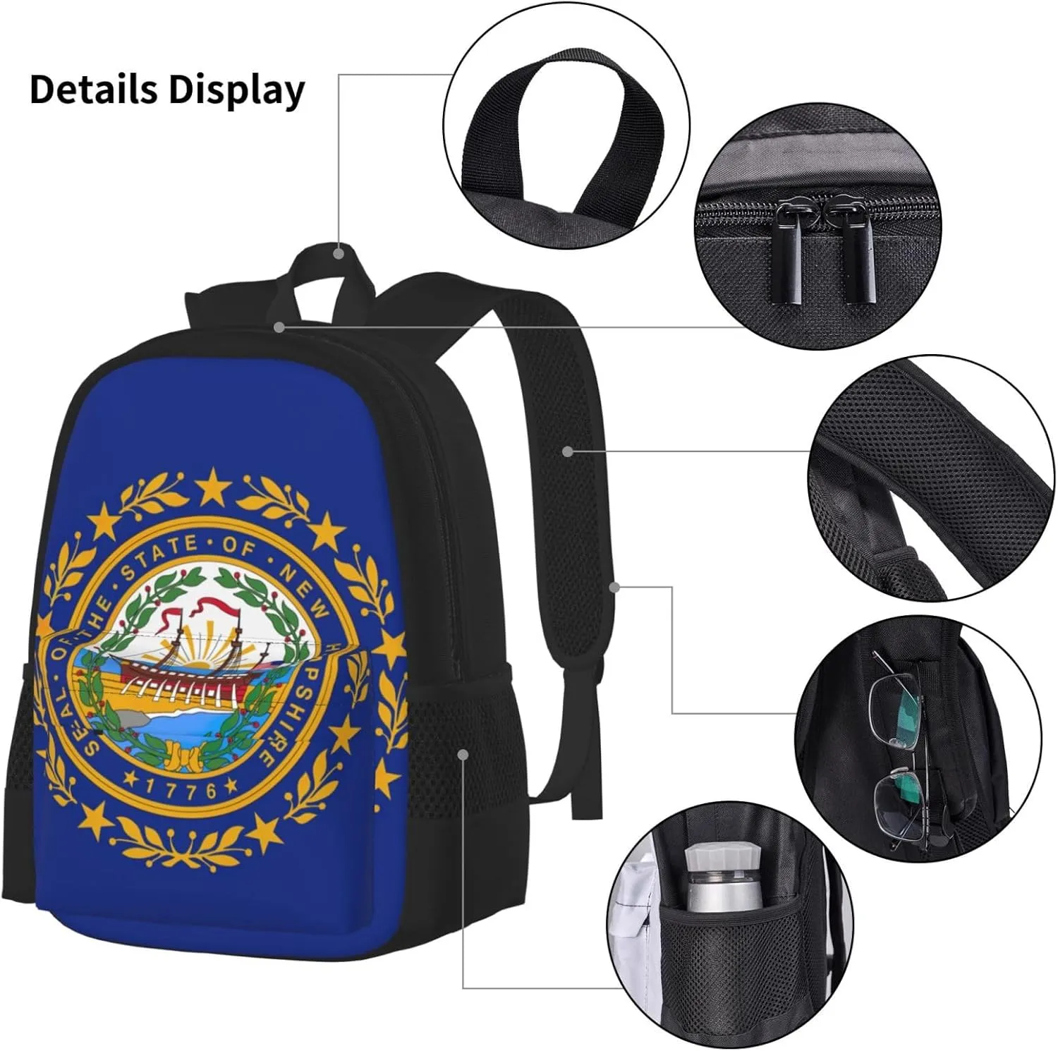 New Hampshire State Flag Large Capacity Backpack Lunch Bag Pencil Case Combination 3 Pieces Sets Durable Bookbags