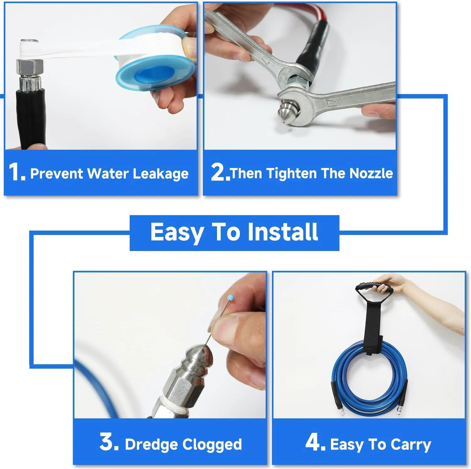 NIFUAL Pressure Washer Cleaning Kit Sewer Jetter Kit for 1/4 Inch NPT Corner Max Working Pressure Drain Cleaner Hose 5800 PSI Durable Sewer Blasting Hose 5 Sewer Blasting Nozzles…（50FT）