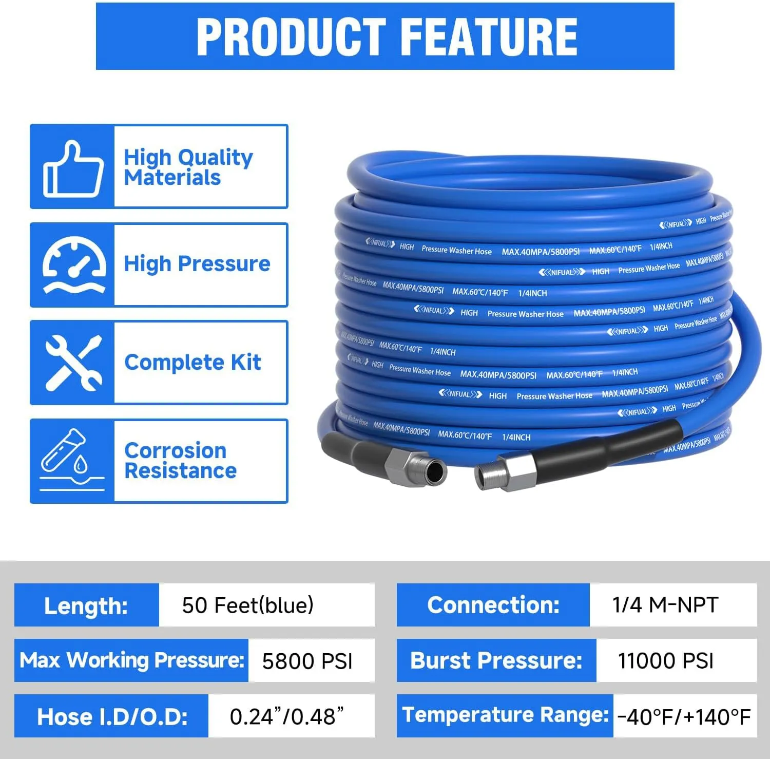 NIFUAL Pressure Washer Cleaning Kit Sewer Jetter Kit for 1/4 Inch NPT Corner Max Working Pressure Drain Cleaner Hose 5800 PSI Durable Sewer Blasting Hose 5 Sewer Blasting Nozzles…（50FT）