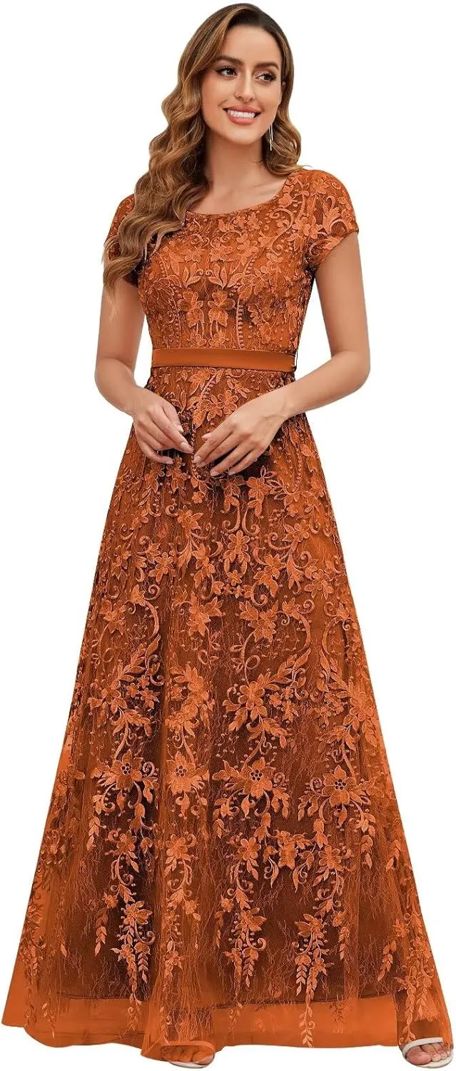 OFEYCHUN Cap Sleeve Mother of The Bride Dresses for Women Lace Applique Formal Wedding Guest Dress