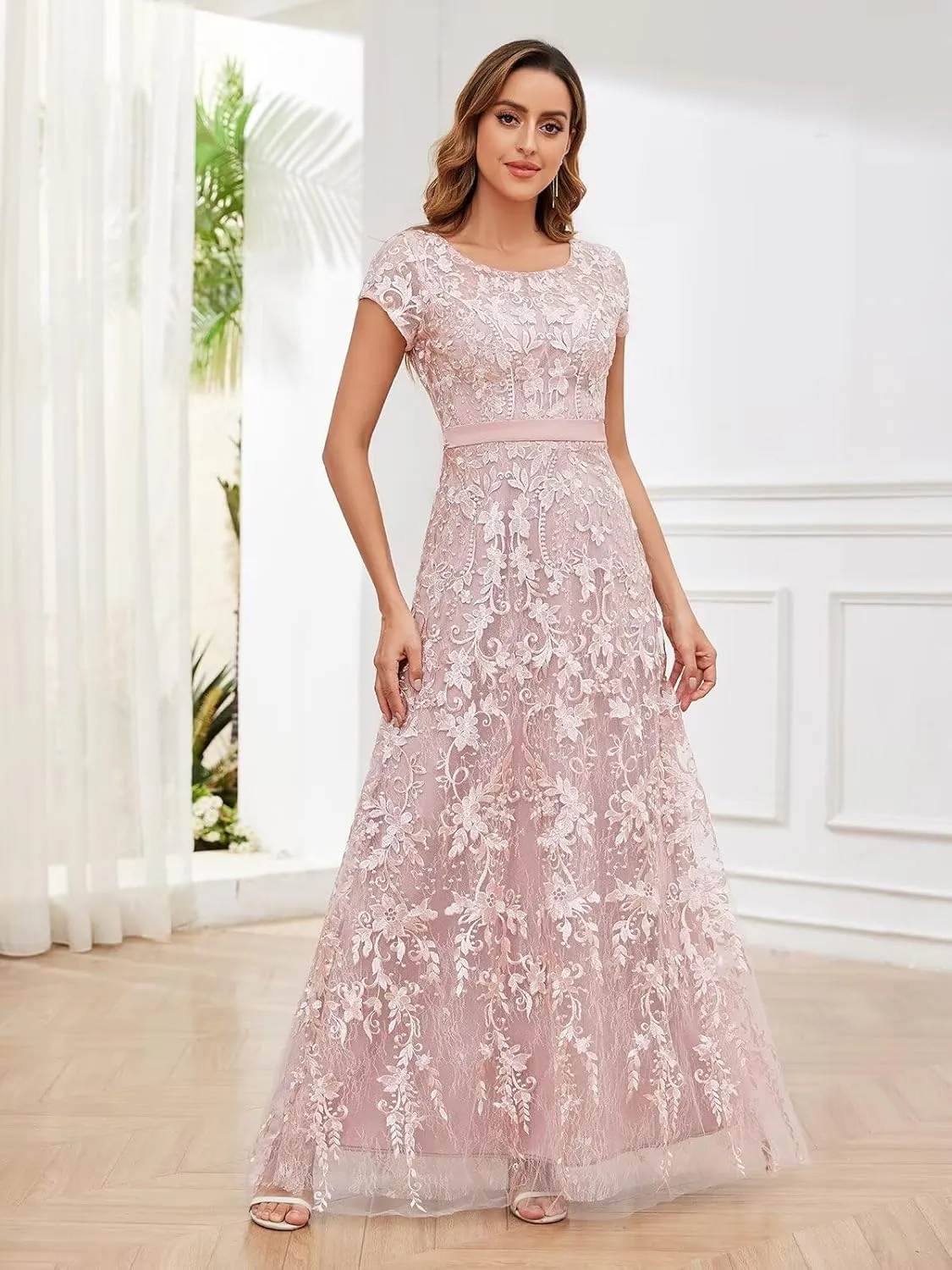 OFEYCHUN Cap Sleeve Mother of The Bride Dresses for Women Lace Applique Formal Wedding Guest Dress