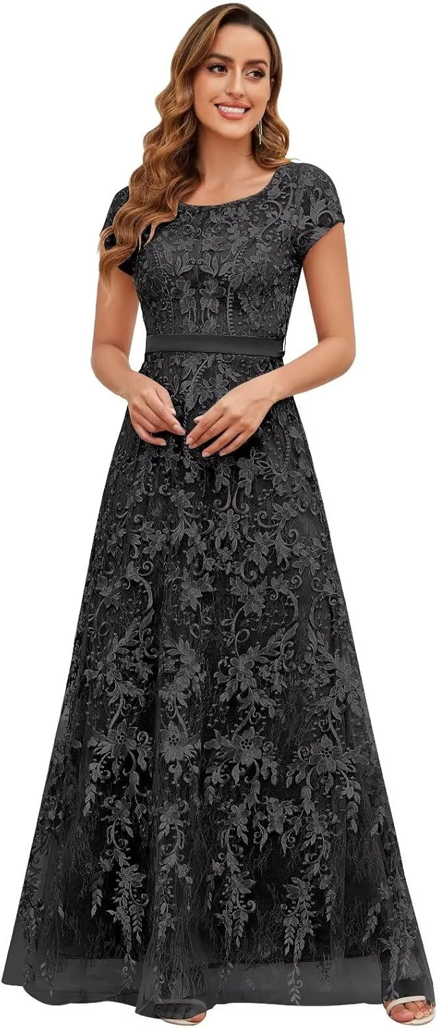 OFEYCHUN Cap Sleeve Mother of The Bride Dresses for Women Lace Applique Formal Wedding Guest Dress