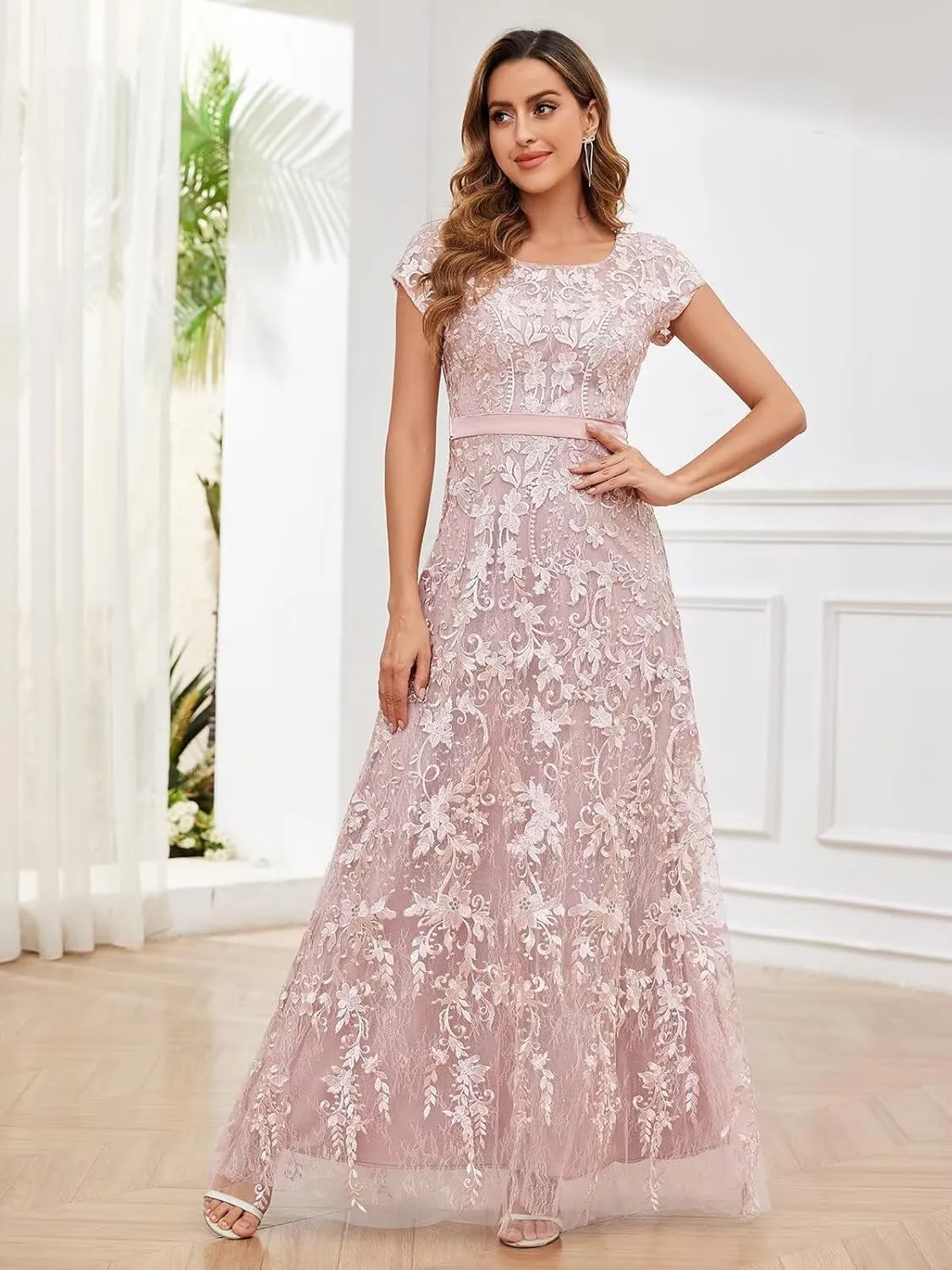 OFEYCHUN Cap Sleeve Mother of The Bride Dresses for Women Lace Applique Formal Wedding Guest Dress