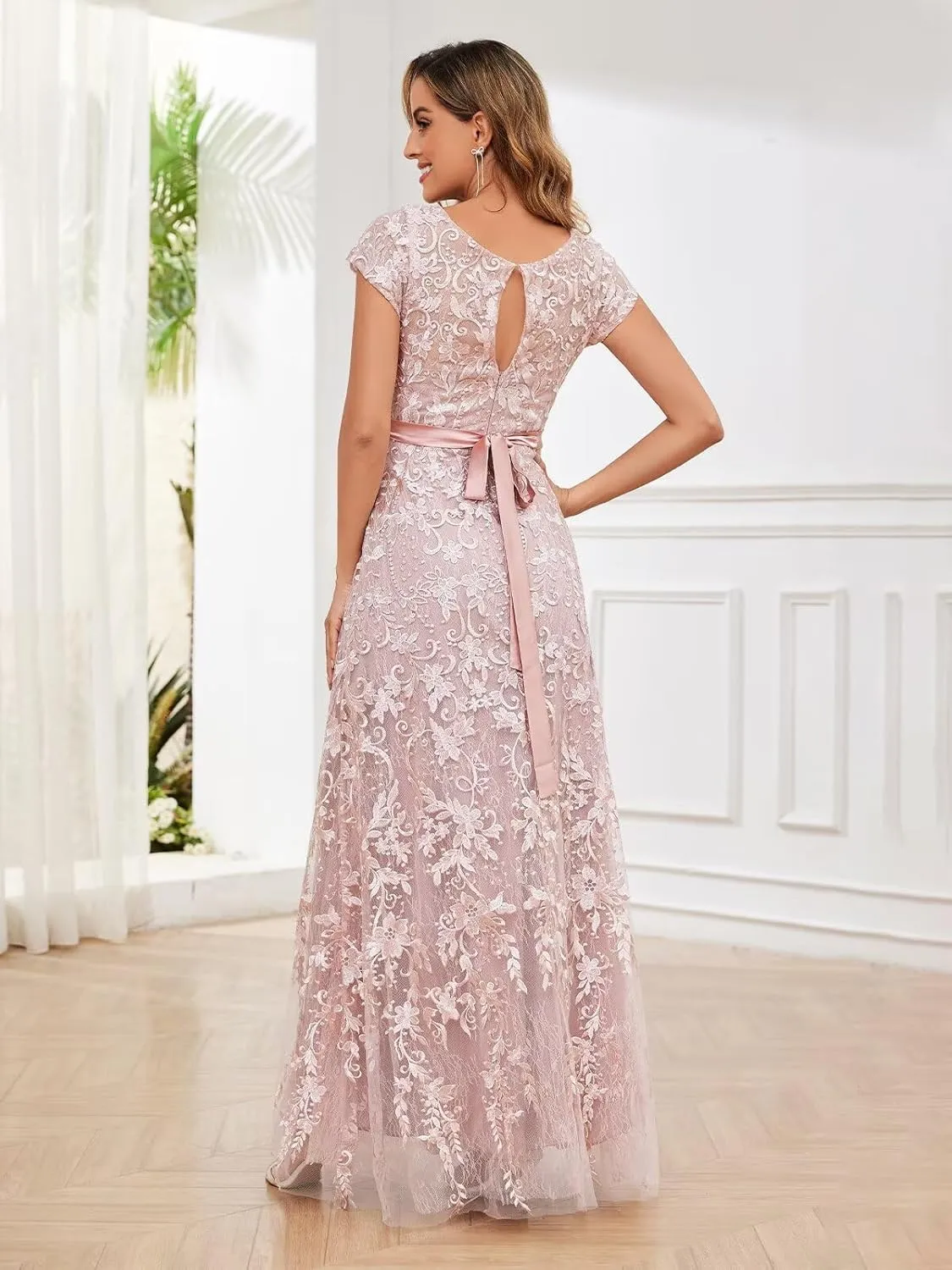 OFEYCHUN Cap Sleeve Mother of The Bride Dresses for Women Lace Applique Formal Wedding Guest Dress