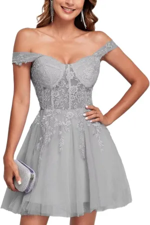 Off The Shoulder Tulle Homecoming Dresses for Teens Laces Applique Prom Dress Short Sparkly Cocktail Gowns