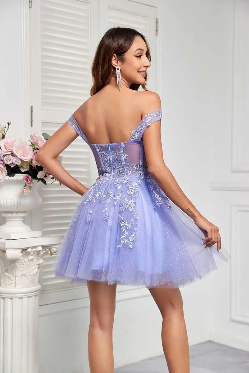 Off The Shoulder Tulle Homecoming Dresses for Teens Laces Applique Prom Dress Short Sparkly Cocktail Gowns