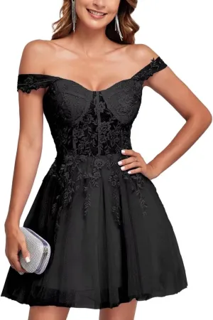 Off The Shoulder Tulle Homecoming Dresses for Teens Laces Applique Prom Dress Short Sparkly Cocktail Gowns