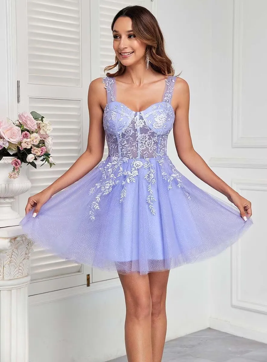 Off The Shoulder Tulle Homecoming Dresses for Teens Laces Applique Prom Dress Short Sparkly Cocktail Gowns