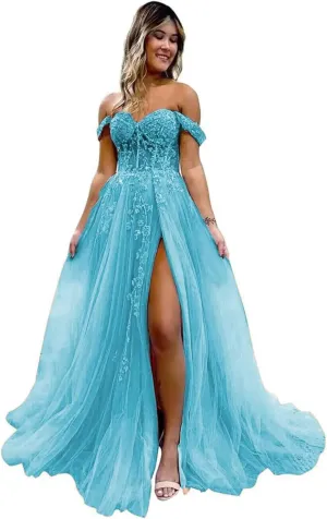 Off The Shoulder Tulle Prom Dresses with Slit Laces Applique Sweetheart Long Formal Evening Party Gowns