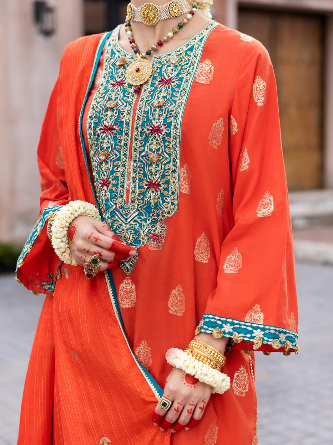 Orange Cotton Jacquard 3 Piece Stitched - ALP-3PS-1856
