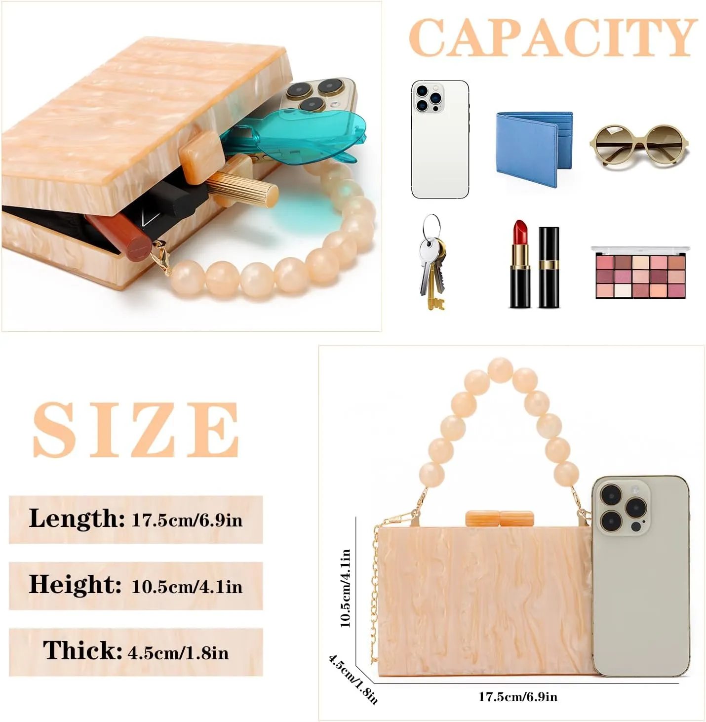 Oweisong Women Acrylic Clutch Purse Formal Wedding Evening Handbag Marble Party Shoulder Crossbody Bag with Bead Chain