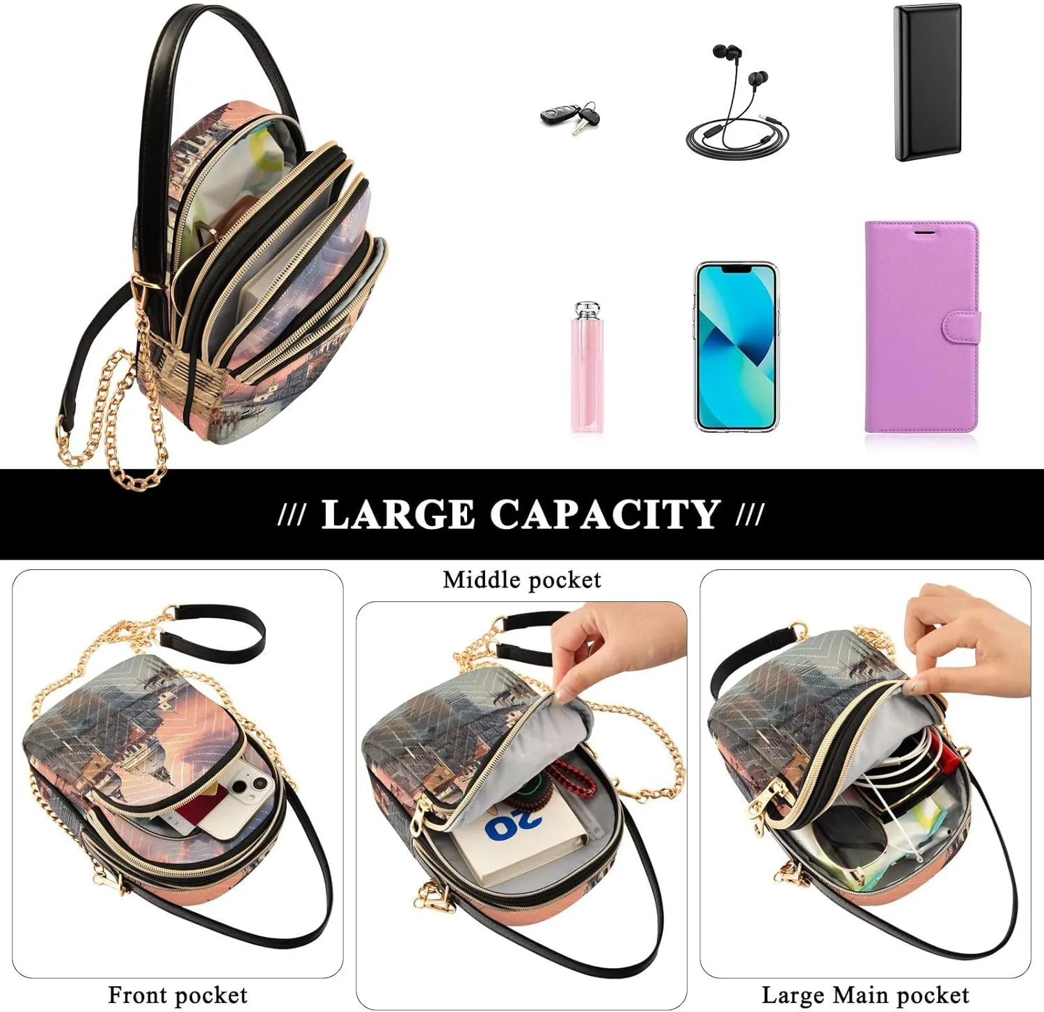Parrots and Tropical Flowers Women's Crossbody Bags, Casual Crossbody Purse Gold Chain Crossbody Bag