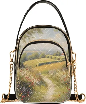 Path Cottage Artwork Beige Multi Pockets Crossbody Bags for Women Zip Cell Phone Purse Wallet Bag with Detachable Shoulder Strap Travel Purse for Women Girls Trendy Gift Traveling Working Shopping