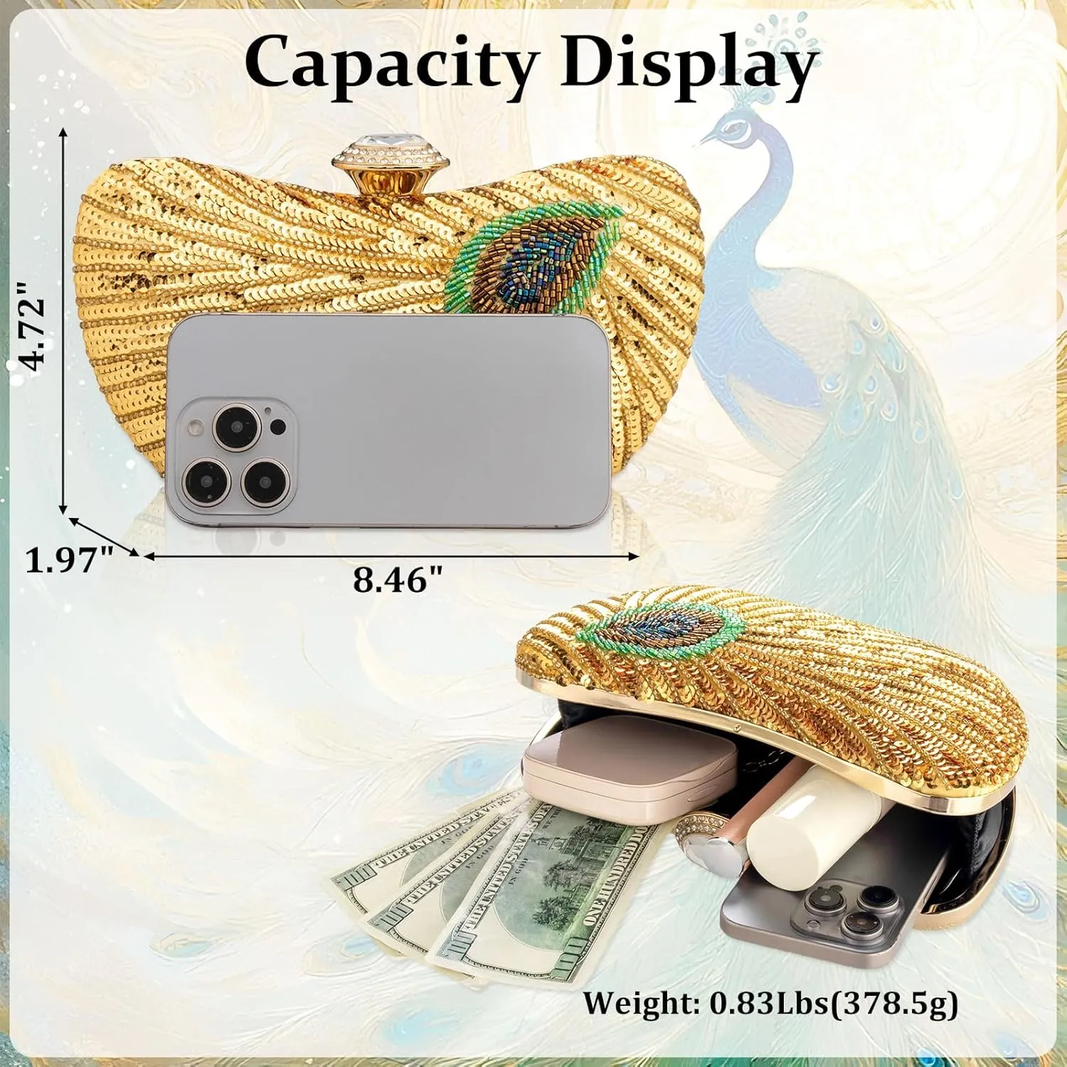 Peacock Clutch Purse Evening Handbags for Womens Vintage Crossbody Shoulder Bags Sequin Feather and Detachable Chains