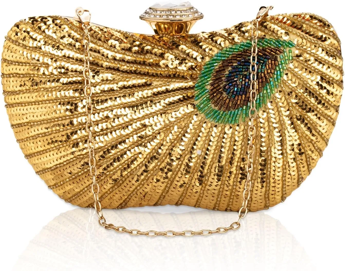 Peacock Clutch Purse Evening Handbags for Womens Vintage Crossbody Shoulder Bags Sequin Feather and Detachable Chains