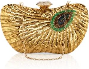 Peacock Clutch Purse Evening Handbags for Womens Vintage Crossbody Shoulder Bags Sequin Feather and Detachable Chains