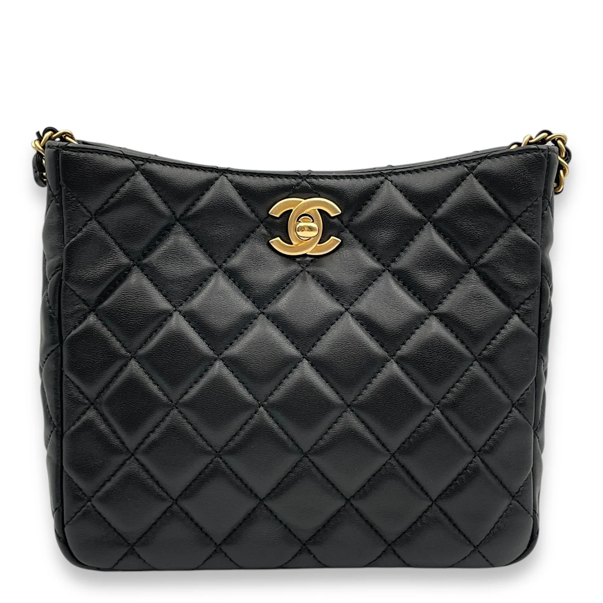 Pearl Crush Seasonal Black Crossbody Bag in Lambskin, Gold hardware