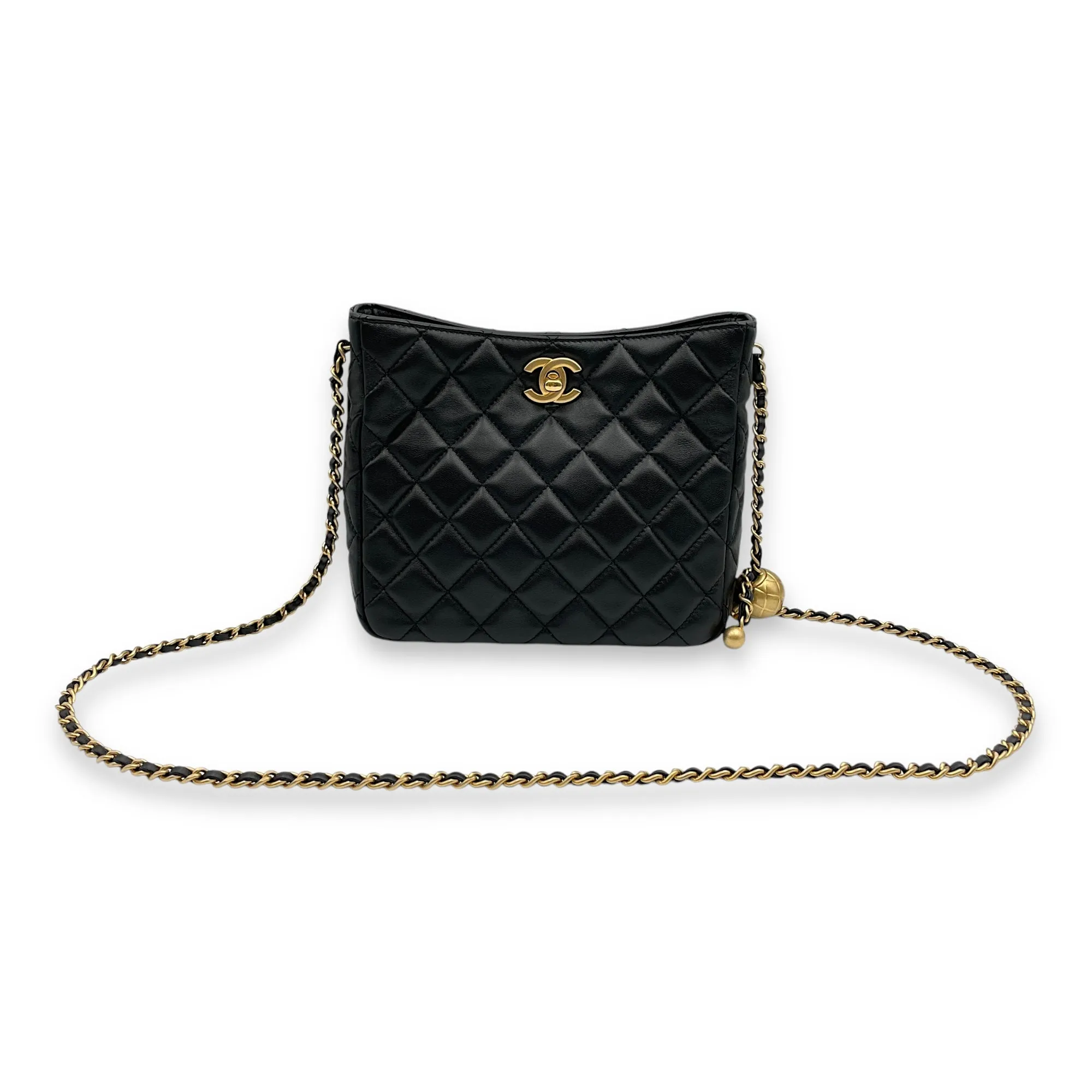Pearl Crush Seasonal Black Crossbody Bag in Lambskin, Gold hardware