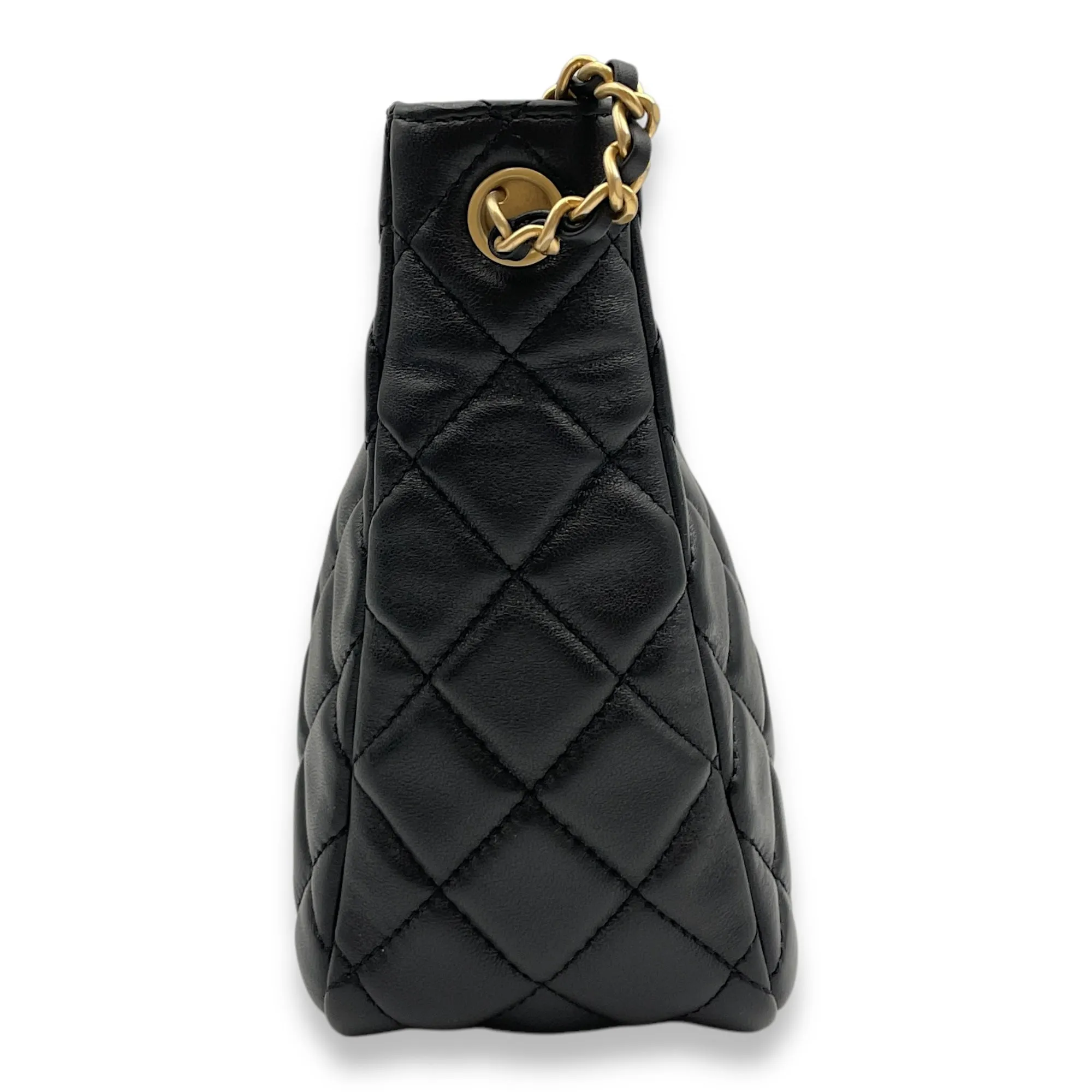 Pearl Crush Seasonal Black Crossbody Bag in Lambskin, Gold hardware