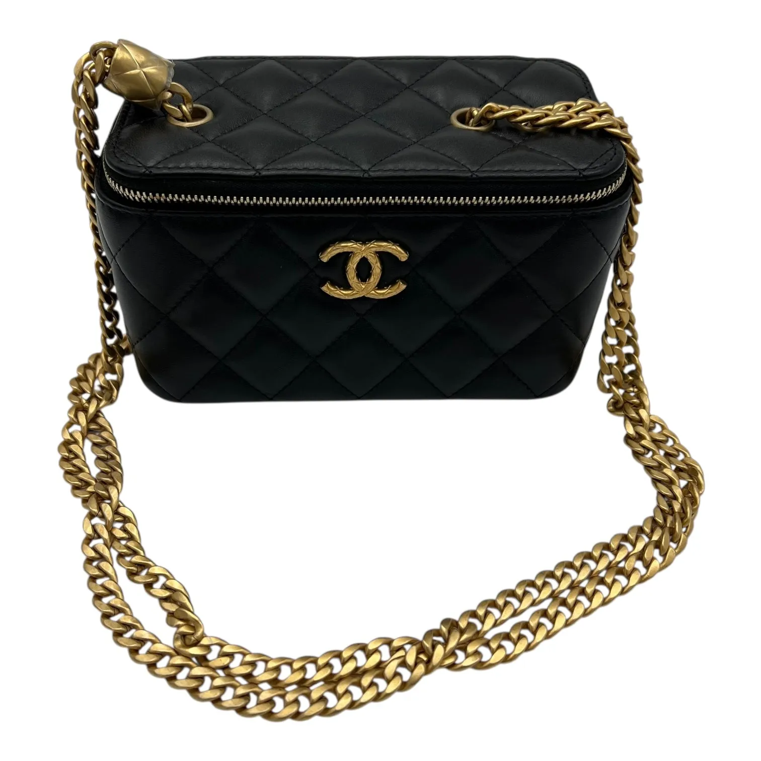 Pearl Crush Vanity Crossbody Bag Black in Lambskin, Gold hardware
